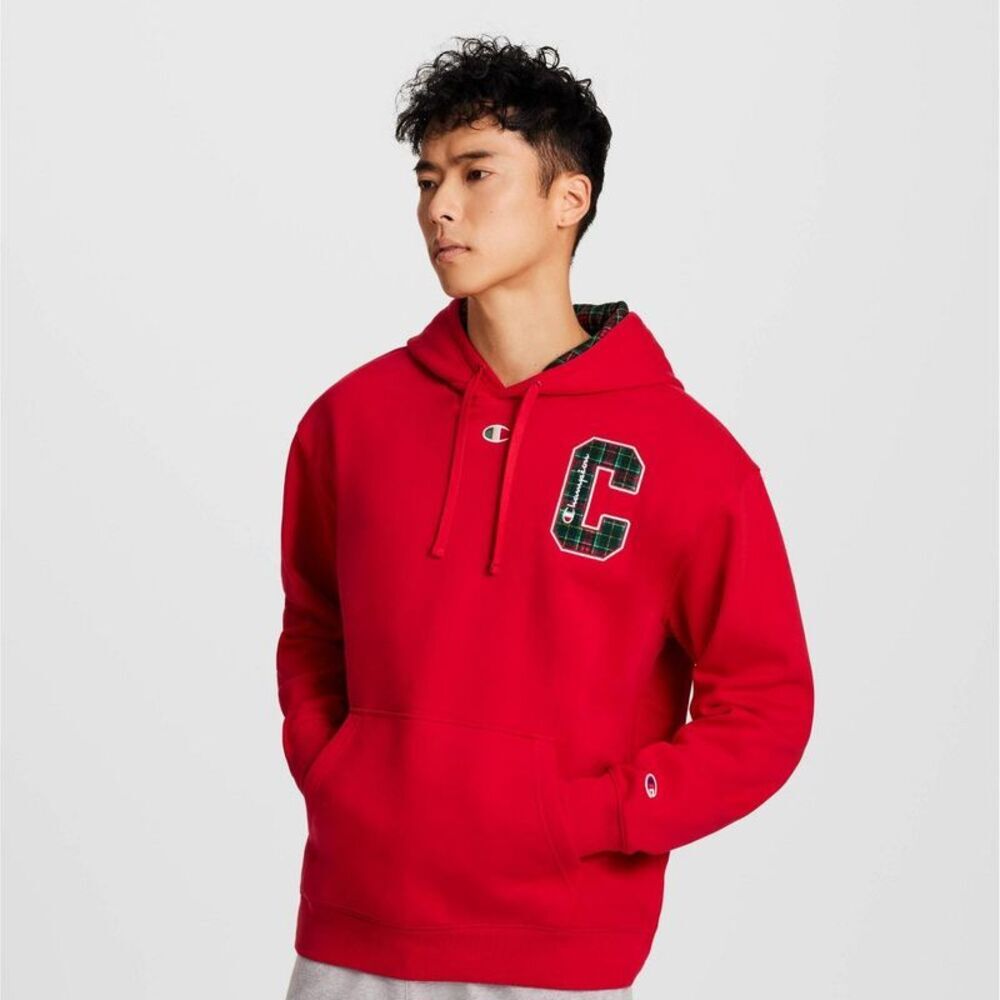 Champion Men's Plaid Hooded Sweatshirt - Red S